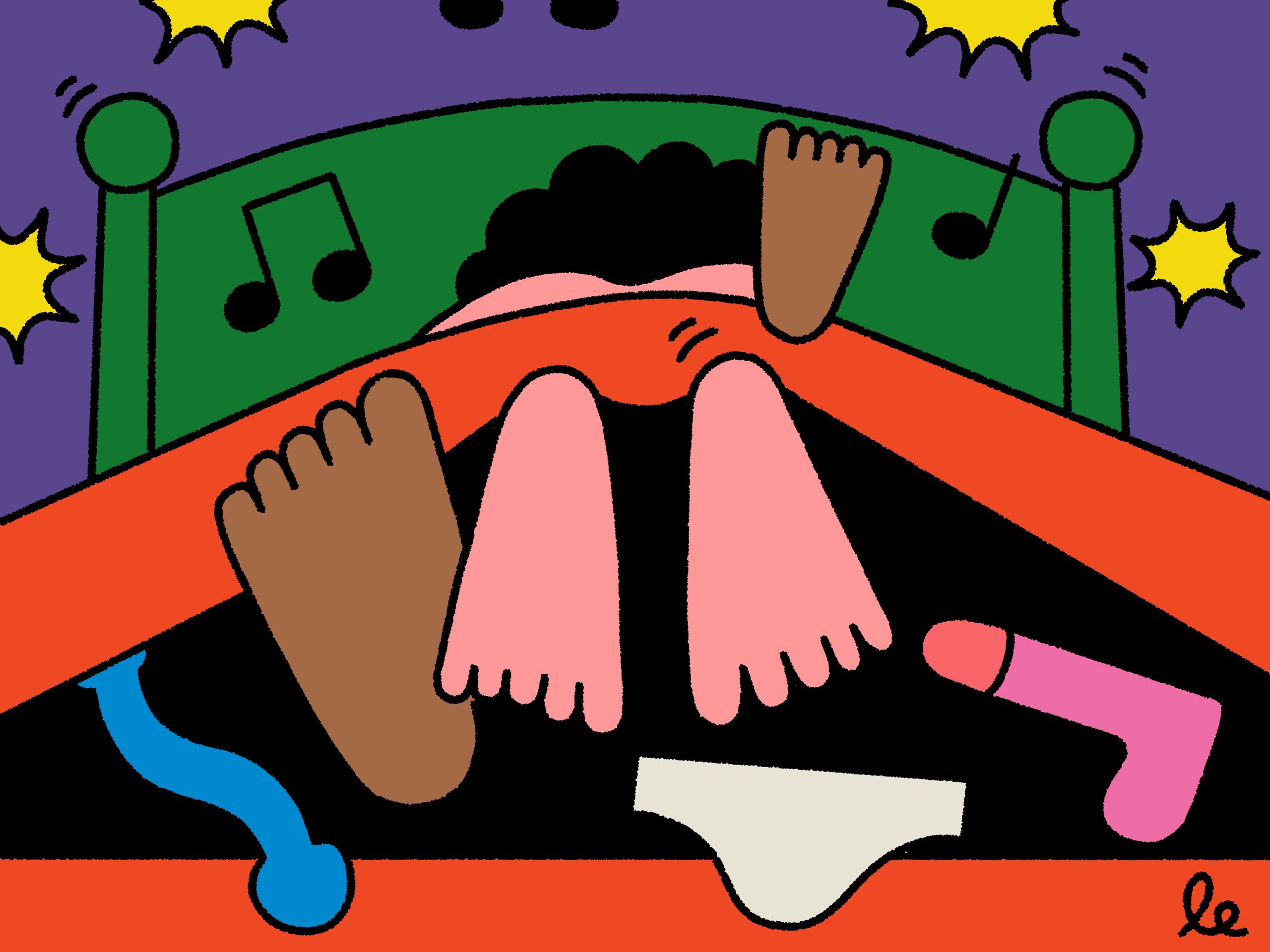 illustration of couple having sex in bed with sex toys music notes stars